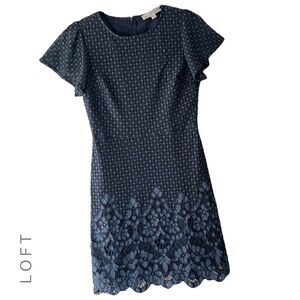 LOFT | NWOT NAVY BLUE SHEATH DRESS SCALLOPED EYELASH LACE LINED | SIZE 0